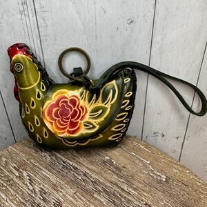 Genuine Leather Chicken Coin Purse Wristlet Green Chicken Hand Painted Leather